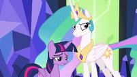 Twilight sad; Celestia glares at Spike S7E1