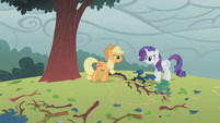 Applejack and Rarity fighting over tree branch S1E8