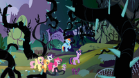 Twilight's friends watching Twilight walking towards the Everfree Forest S4E02