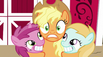 Applejack hugging Ruby Pinch and unnamed filly S7E14