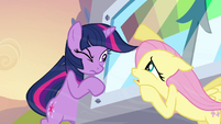 Fluttershy and Twilight talking while holding onto the machine S2E22
