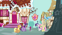 Pinkie Pie's friends gathering outside Sugarcube Corner S4E18