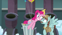 Pinkie Pie stares and grins at the Janitor Pony S7E23