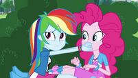 Rainbow Dash covers Pinkie's mouth EG3
