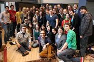 Ingram (left) with Jayson Thiessen and the University of British Columbia singers, who recorded Raise This Barn and some songs from Magical Mystery Cure.