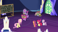 Twilight, Fluttershy, and CMC in the castle S9E22