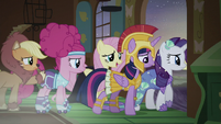 Main ponies leaving Fluttershy's cottage S5E21