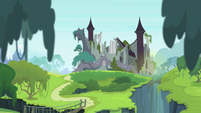 The foreboding ruins of the Castle of The Royal Pony Sisters.