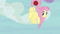 Fluttershy catches Applejack's shot with her tail S6E18