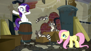 Fluttershy looking at raccoons; Smoky Jr. jumping to his parent S6E9.png