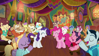 Pinkie, Rarity, and ponies overjoyed S6E12