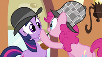 Pinkie Pie putting hoof at Twilight's mouth S2E24