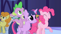 Ponies cheering after mayor announces Summer Sun Celebration S1E01