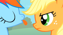 Rainbow Dash blowing a raspberry at Applejack S1E13