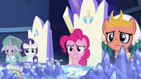 Mistmane, Rarity, Pinkie, and Somnambula looking sad S7E26