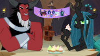 Tirek and Chrysalis sit bitterly at the table S9E8