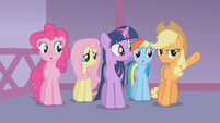 Applejack: "Well, we can't just leave Rarity like this." Pinkie Pie: "She'll become a crazy cat lady!"