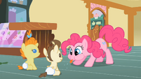 Pinkie blowing a raspberry at the babies