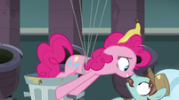 Pinkie Pie gets in the Janitor Pony's face S7E23