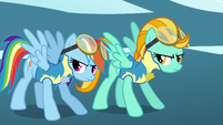 Rainbow Dash and Lightning Dust getting ready to take off S3E7