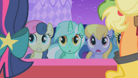 Sweetie Drops, Lyra and Cloud Kicker observe the hideous dresses S1E14