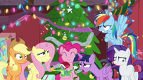Pinkie Pie smiling; her friends exasperated BGES2