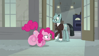 Pinkie Pie winding up for a sprint S9E14