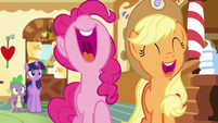 Pinkie and Applejack laughing at Discord's joke S5E22