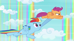 Rainbow Dash and Scootaloo flying together S3E06