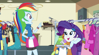 Rarity popping out of the costume rack EG3