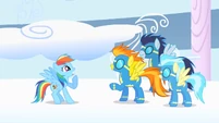 The Wonderbolts thanking Rainbow Dash, much to her surprise.