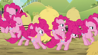 Pinkie Pie clones hopping through a field of haystacks S3E03