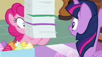 Pinkie Pie returns with tall stack of files S7E3