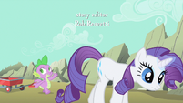 While Rarity is busy looking for gems, Spike is busy talking about Sapphire Shores.