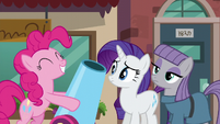 Rarity and Maud Pie sees Pinkie with her party cannon S6E3