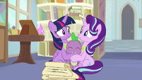 Twilight, Spike, and Starlight in a happy hug S9E20