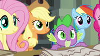 Fluttershy, AJ, Spike, and RD smiling at Twilight S4E25