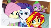 Fluttershy, Rarity, Sunset, and Spike photo EG2.png