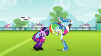 Rainbow Dash back-kicks the ball EG