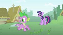 Spike looks over at Pinkie S1E15