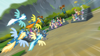 The Wonderbolts fly toward the crowd S6E7