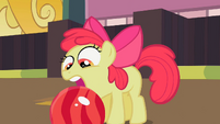 Apple Bloom opens her mouth to try to grab the bowling ball S2E06