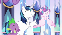 Spike, Shining Armor, and Flurry cheering S9E1