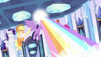 Twilight Sparkle blasting a rainbow laser S9E1