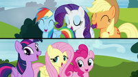 Two panels showing the Mane Six singing S5E26