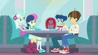 Lyra, Bon Bon, Curly, and Wiz Kid sitting together SS15