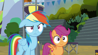 Rainbow frowning; Scootaloo smiling S8E20