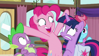 Pinkie pops up between Twilight and Spike S9E16