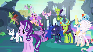 Starlight Glimmer in front of angered ponies and changelings S6E26.png