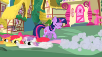 The Cutie Mark Crusaders running past Twilight S01E17